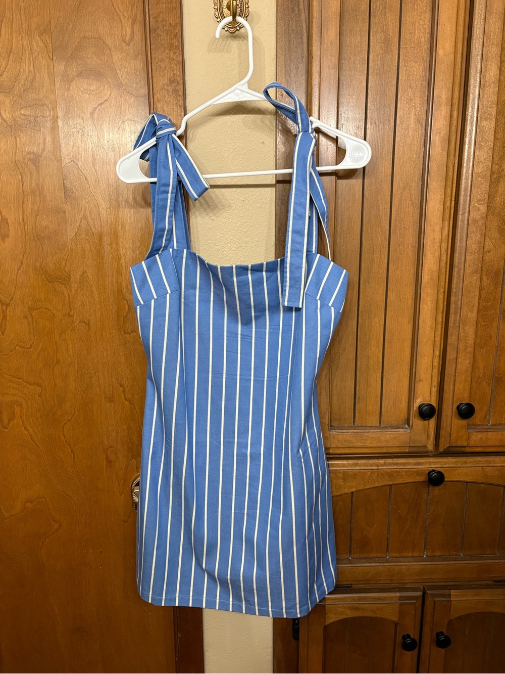 English Factory Blue and White Stripe Tie-Shoulder Mini Dress